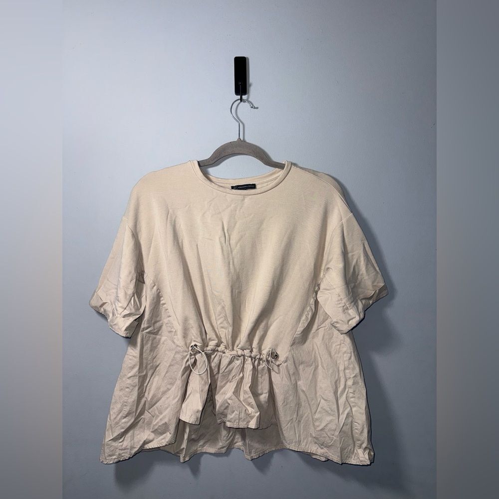 Adriana Papell Cream Peplum Top Fleece Lined Drawstring Waist EUC XS